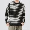 Black striped long-sleeved T-shirt for men, a loose and contrasting color round soul base layer top from the 2025 autumn fashion brand Application Scenario